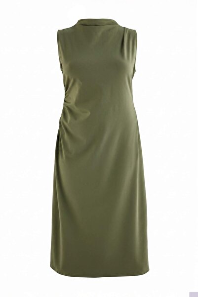 Trendyol Curve Khaki A-Line Asymmetrical Sleeveless Shirred Midi Paper Touch ...
