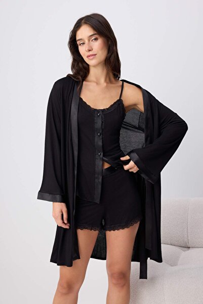 Trendyol Collection Black 4-Piece Lace and Satin Detailed Viscose Knitted Paj...