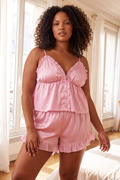 Trendyol Curve Pink Polka Dot Tulle Detailed Satin Woven Pajama Set