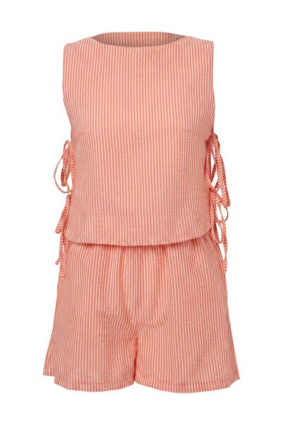 Trendyol Collection Orange Striped Tie Detail Blouse Shorts Bottom Top Set Tb...