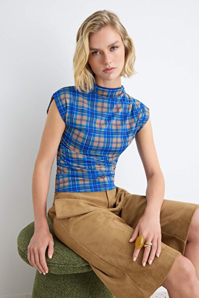 Trendyol Collection Multicolor Plaid / Checkered Fitted High Neck Batwing Sle...