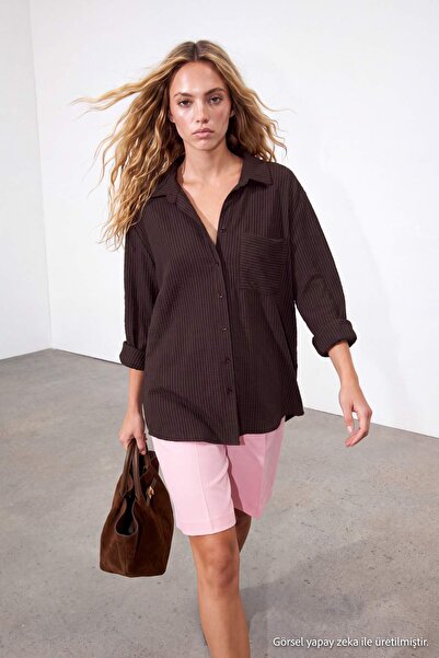 Drop by TrendyolMilla Brown Line Patterned Oversize Pocket Short Cuff Modal S...