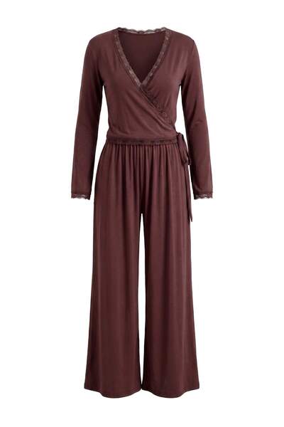 Trendyol Collection Plum Lace Detailed Double Breasted Viscose Knitted Pajama...