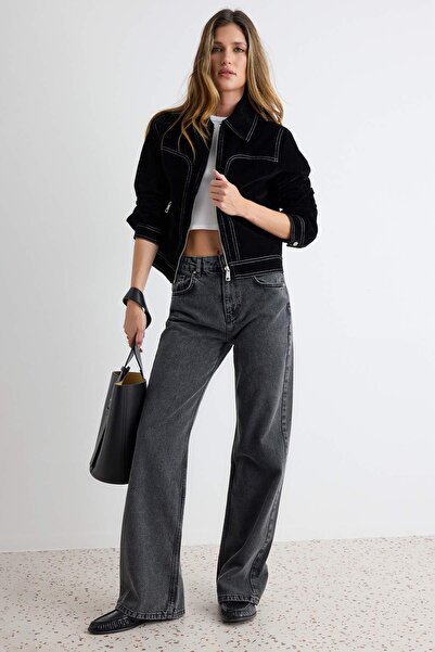 Trendyol Kollektion Anthrazitfarbene Jeans mit hoher Taille und weitem Bein, ...