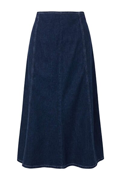 Trendyol Collection Dark Blue Slightly Stretchy Flared Maxi Denim Skirt Twoaw...