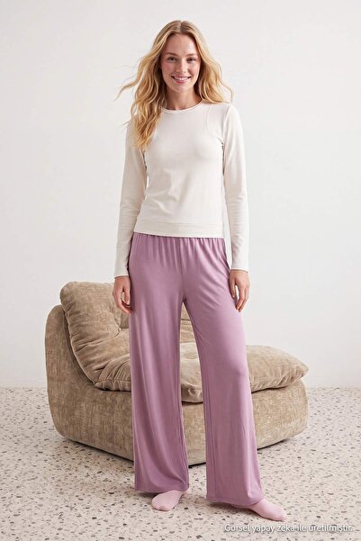 Trendyol Collection بنطلون بيجامة واسع الساق من الفيسكون المحبوك باللون الأرج...