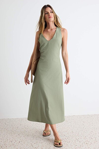 Trendyol Collection Khaki Cut Out Detailed Tie-Up Midi Woven Dress Twoss26El0...