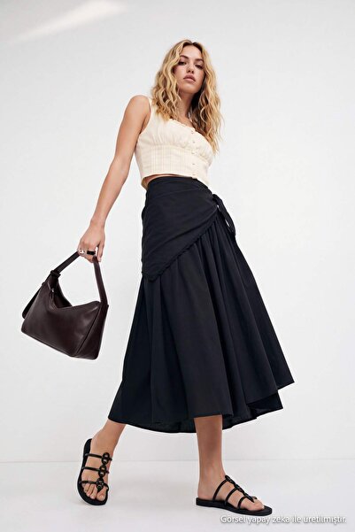 Drop by TrendyolMilla Black Embroidered Belt Detailed Long Woven Skirt Tdrss2...