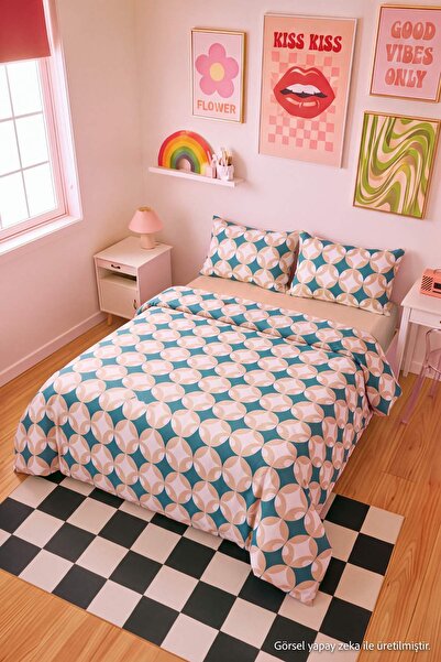TRENDYOLMİLLA HOME Double Retro Themed Elastic Sheet Duvet Cover Set Tphaw27C...