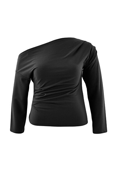 Trendyol Curve Black Gathered/Drape Detailed Draped Asymmetric Collar Knitted...