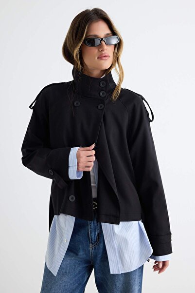 Trendyol Collection Wardrobe Essentials معطف قصير من الجبردين ذو طبقتين وياقة...