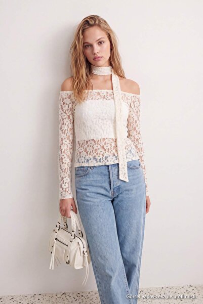Trendyol Collection Ecru Plain Fitted Carmen Collar Shawl Lace Knitted Blouse...