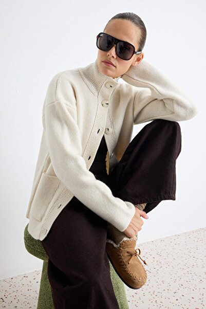 Trendyol Collection Stone Soft Textured Stand Collar Pocket Detailed Knitwear...