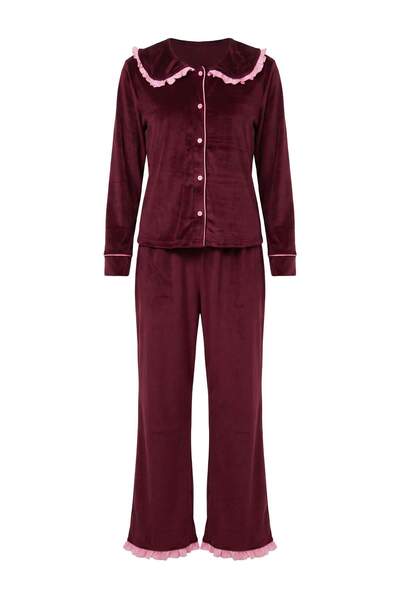 Trendyol Collection Burgundy Ruffle Trim and Collar Detailed Velvet Knitted P...