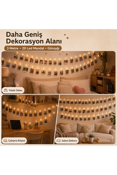 ORİJİNALDÜKKAN 3 Metre Led Işıklı Fotoğraf Asma Mandalları Pilli Animasyonlu 20 li Zincir Dekoratif Aydınlatma