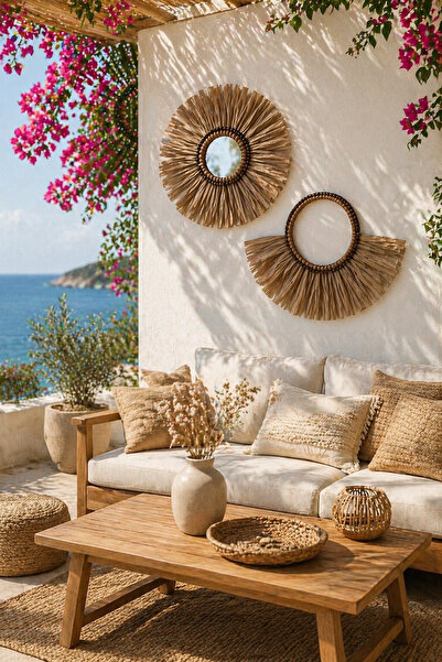 Home Bohem Handmade 2'li Set Ahşap ve Deniz Boncuklu Aynalı Kahverengi Doğal ...