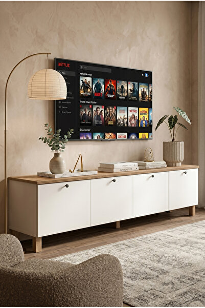 Robin Home Alaska Tv Ünitesi Sehpası 4 Kapaklı Ahşap Ayaklı 180cm Sepet-Beyaz
