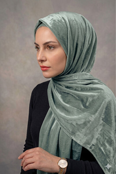 ŞALSERA Kadife Efektli Su Yeşili Lüks Şal, İpeksi Profesyonel Stil Şal