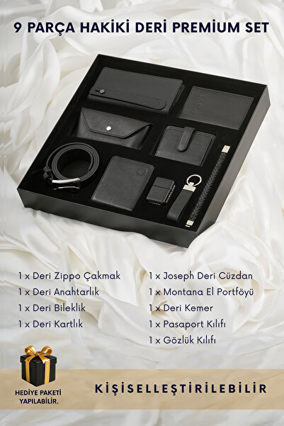 CüzCan 9 Parça Lacivert Hakiki Deri Premium Kişiye Özel Erkek Hediye Seti - B...