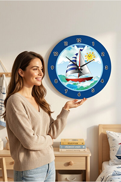enmalife Çocuk Odası Duvar Saati / Gemi ve Deniz Mavi Temalı Duvar Saati / Uv...