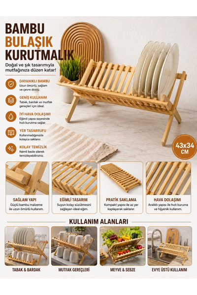 House Bird Bambu Bulaşık Kurutmalık – Doğal Ahşap Tabaklık & Mutfak Düzenleyi...