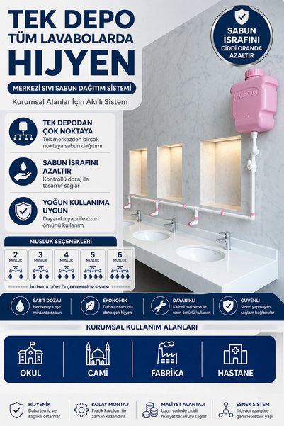 hilal kimya 10 Lt 4-Tap Button Liquid Soap Dispenser System with Central Storage – for School, Mosque, and Collective Use