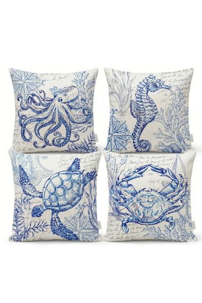 Sister Home Design Set of 4 Marine Themed Throw Pillow Covers - Blue and Whit...