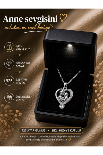 RAME 925 Ayar Gümüş Anne Bebek Kolye – Kalp Figürlü, Işıklı Kutulu Hediye