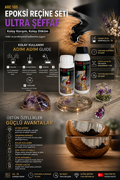 ARCMARİN KİMYA VE DENİZCİLİK HIRDAVAT Arc 105 Ultra Şeffaf Hobi, Takı, Tepsi Dökümü, Bardak Altlığı Ve Kaplama İçin Epoksi Reçine 0,75 Kg Set