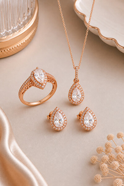 Siset Gümüş 925 Ayar Gold Rose Efsane Model Gümüş Üçlü Set