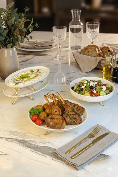 La Micellar Rocher 4 Piece Porcelain Presentation Set & Metal Leg Bowl Boat Plate Serving Set