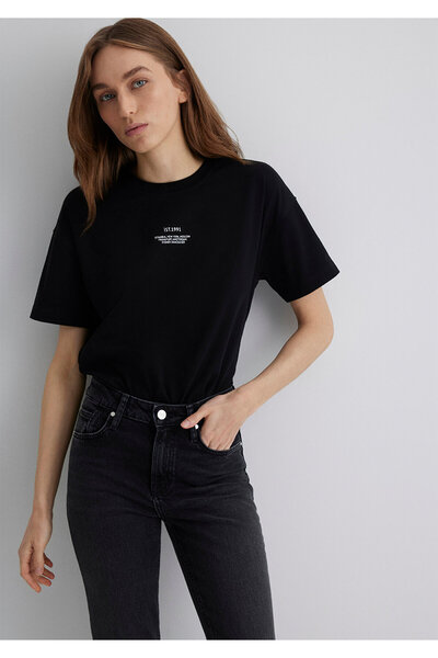 Mavi Baskılı Siyah Tişört Loose Fit / Bol Rahat Kesim 1613212-900