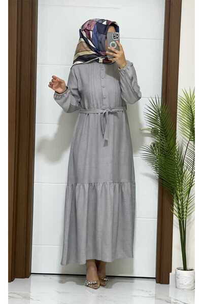 MODA ALMİRA 8229 K50 GRİ KETEN ELBİSE