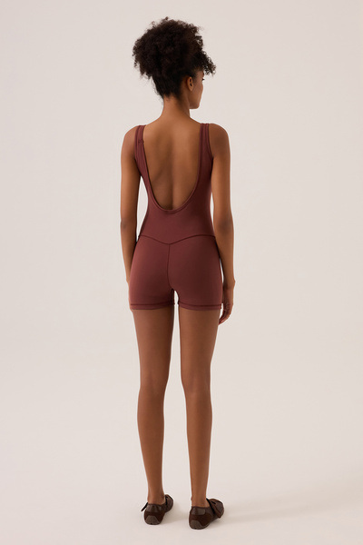 Los Ojos x Ece Bordo Kare Yaka Askılı Kısa Spor Tulum Unitard