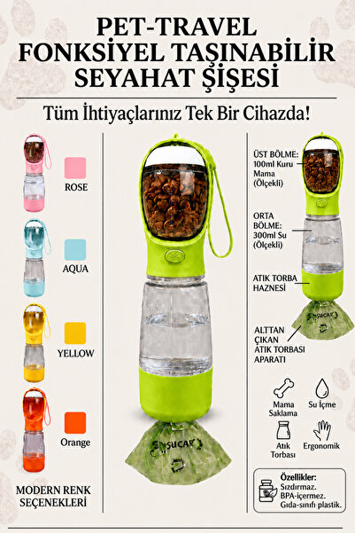 ego home Taşınabilir Kedi Köpek Suluğu 500 ml 3in 1 arada Seyahat Su Şişesi M...