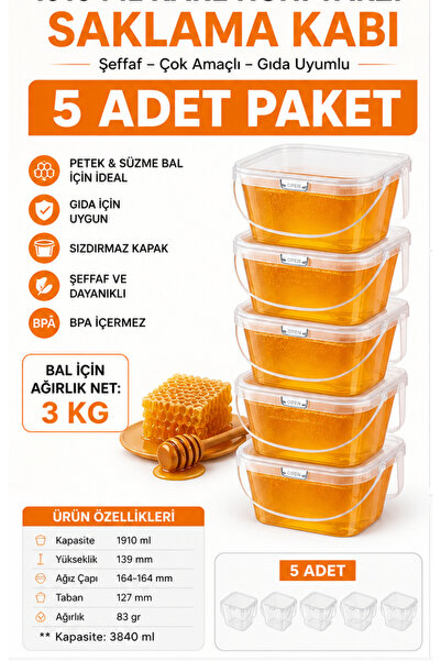 Aksaray Arıcılık 5 Durable Storage Containers Square 3840 ml (3 kg for Honey)
