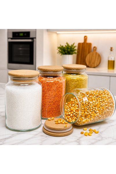 mafa home 4'lü Ahşap Vakum Kapaklı Cam Bakliyat Saklama Kavanozu Seti 800 Ml