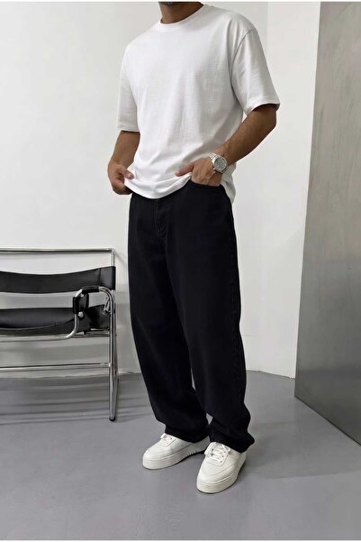 Wonraces Men's Black Extra Loose Baggy Straight Basic Denim Trousers
