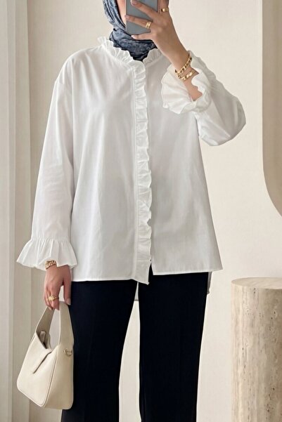 Modamorfo Long-Sleeved Shirt with Ruffles on the Front and Back - White