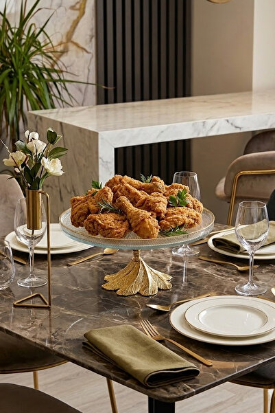 MAY HOME Gold Metal Ayaklı Sunumluk Servislik Cam Tabak & Kurabiye Pasta Tatl...