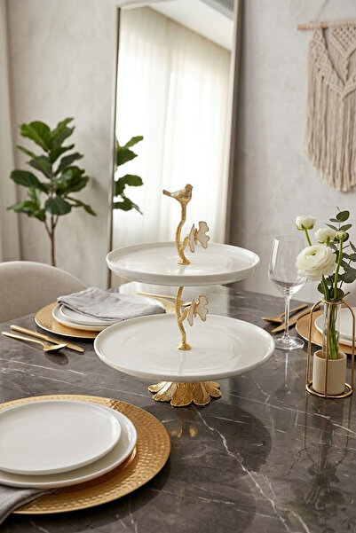 MAY HOME 2 Katlı Porselen Ayaklı Kurabiyelik Sunumluk Tabak & Sedef Kelebek D...