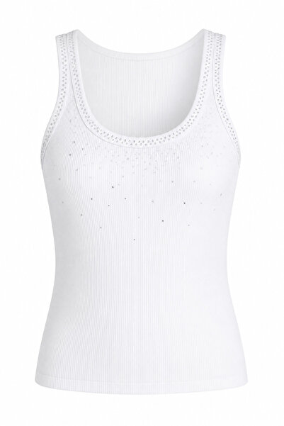 QUE STYLE U-Neck Stone-Embellished Athlete Top