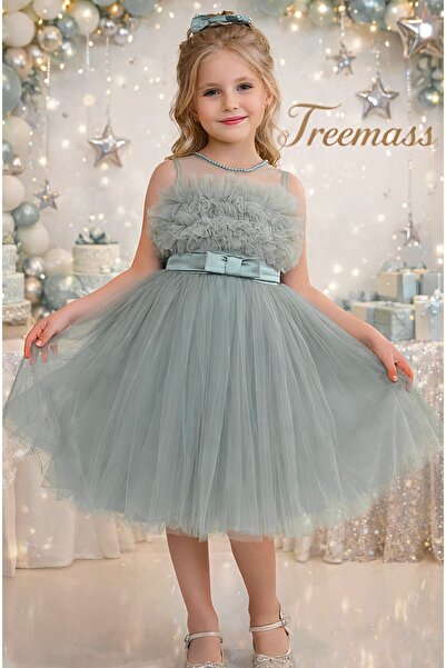 TREEMASS 514 Abiye Kız çocuk Elbisesi Tüllü Saten İncili Düğün ve Doğum Günü