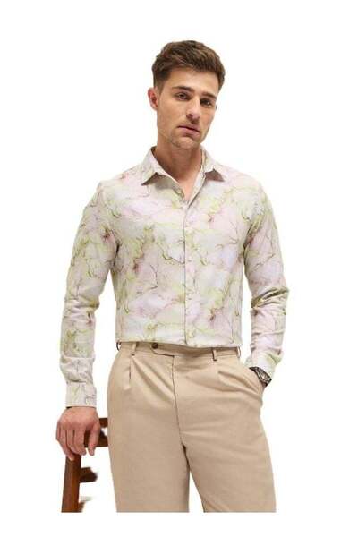 The Bear House Men's Multi-Color Marble Abstract Print Tailored Fit Formal Sh...