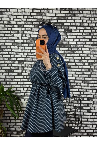 ZarülAAy fashıon Dark Blue and White Striped Shirt, Linen Fabric, Elasticated at the Waist