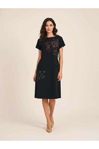 Women's Black Midi Dress – Print Detailed, Straight Cut, City Elegance | Frn Line