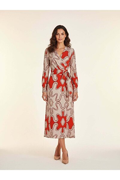 Women's Red Patterned Midi Dress – Wrap Collar, Belted And Feminine | Frn Line