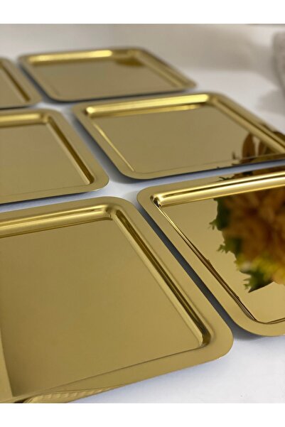Elzem Paslanmaz Çelik Gold Kaplama 6 Lı Kare Sunum Tepsisi Lüx Görünüm