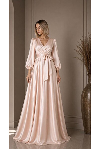 ALYEL NAKER Double-Breasted Maxi Stylish Satin Dress with Closed Neckline & B...