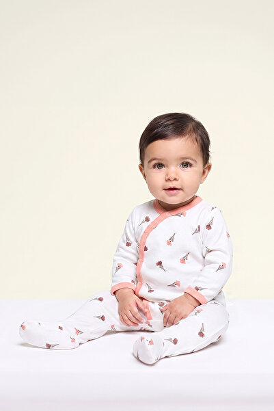 Kidyra %100 Pamuk Pembe Biye Detaylı Patikli Çıtçıtlı Kruvaze Pudra Çiçek Beb...